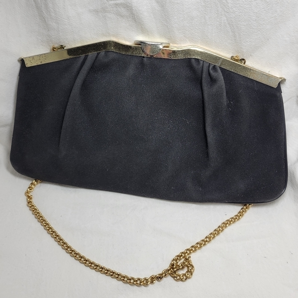 Vintage RARE Black Suede clutch Evening Bag Long Chain Purse box style opening - Picture 5 of 7